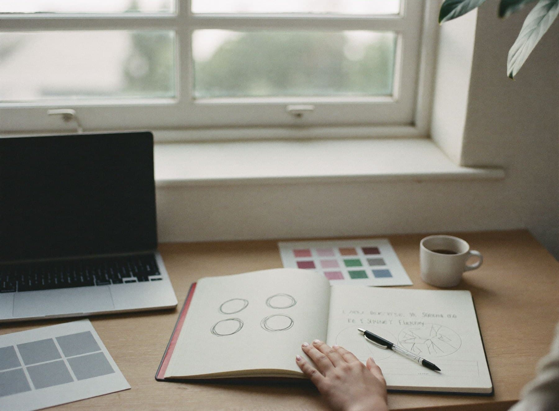 A designer's desk with a sketchbook, swatches and a laptop
